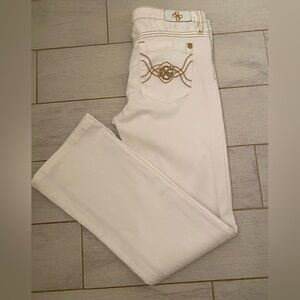 Gently Worn Guess Premium White Denim Bootcut Jeans Size 32 Gold Embroidery